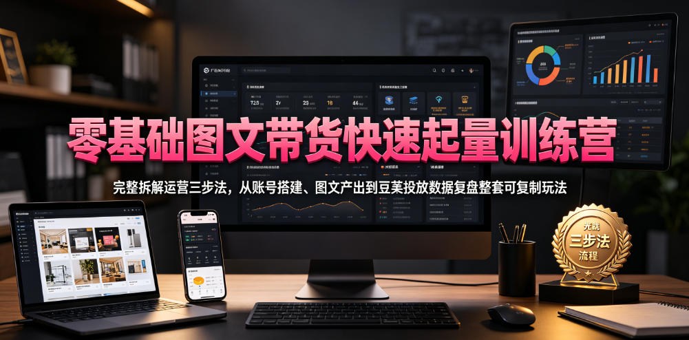 零基础图文带货快速起量训练营,完整拆解运营三步法,从账号搭建、图文产出到豆荚投放数据复盘整套可复制玩法-项目资源网