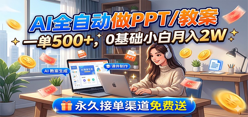 AI全自动做PPT/教案,一单500+,0基础小白月入2W,永久接单渠道免费送-项目资源网