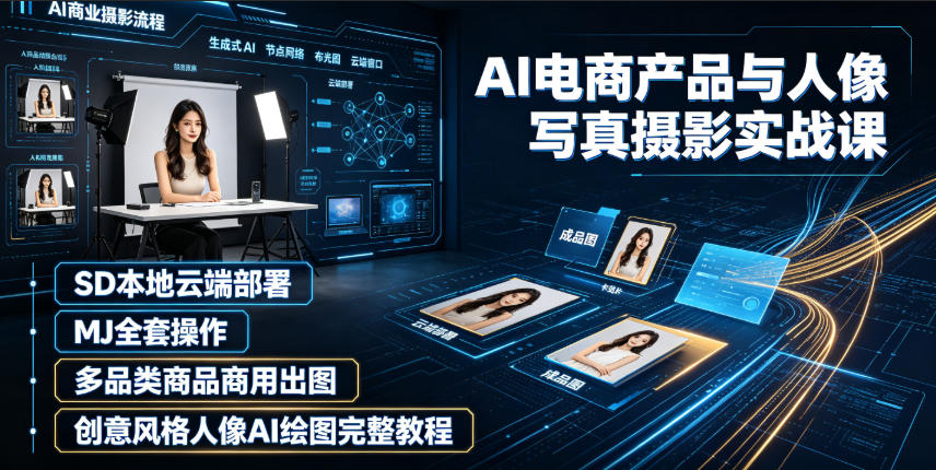 AI电商产品与人像写真摄影实战课|SD本地云端部署、MJ全套操作、多品类商品商用出图、创意风格人像AI绘图完整教程-项目资源网