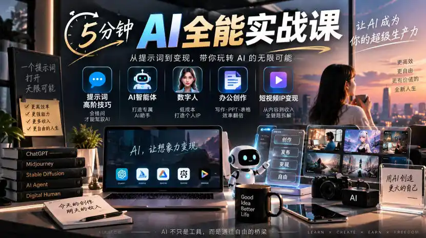 5分钟AI全能实战课｜提示词高阶技巧+AI智能体+数字人+办公创作+短视频IP变现全教程-项目资源网
