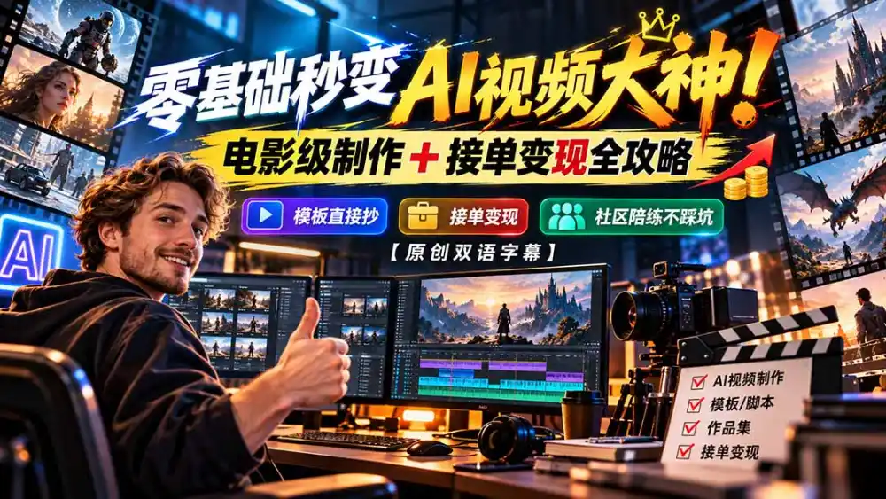 零基础秒变AI视频大神！电影级制作 + 接单变现全攻略，模板直接抄，社区陪练不踩坑【原创双语字幕】-项目资源网