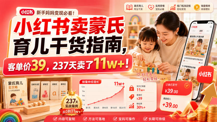 小红书卖蒙氏育儿干货指南，客单价39，237天卖了11w+！-项目资源网