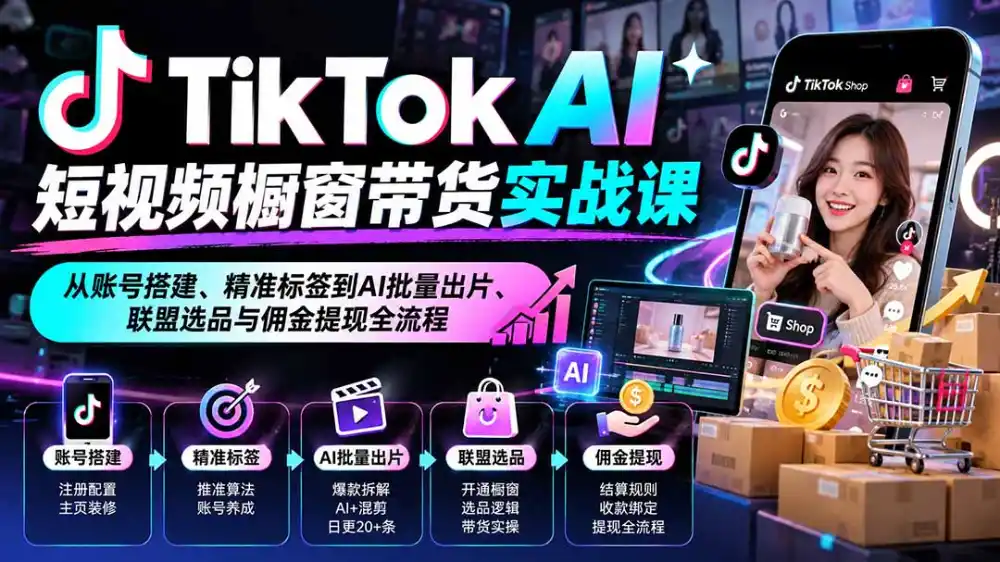 TikTok AI短视频橱窗带货实战课：从账号搭建、精准标签到AI批量出片、联盟选品与佣金提现全流程-项目资源网