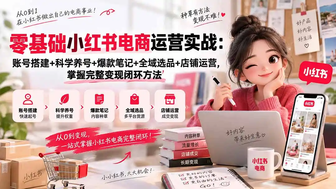 零基础小红书电商运营实战：账号搭建+科学养号+爆款笔记+全域选品+店铺运营，掌握完整变现闭环方法-项目资源网