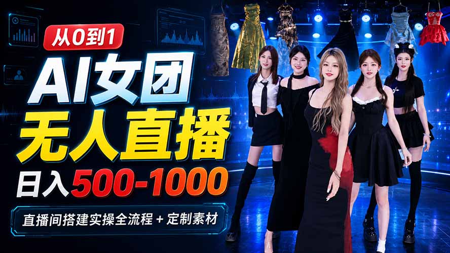 AI 女团无人直播，躺入500-1000每天，直播间搭建实操全流程+定制素材-项目资源网