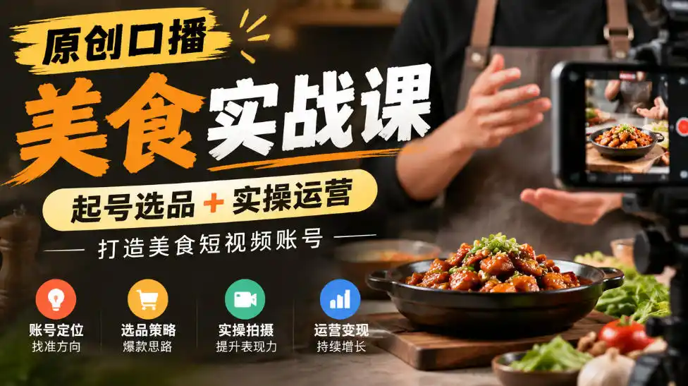 原创口播美食实战课,起号选品+实操运营,打造美食短视频账号-项目资源网