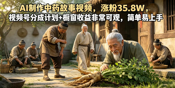 AI制作中药故事视频,涨粉35.8W,视频号分成计划+橱窗收益非常可观,简单易上手