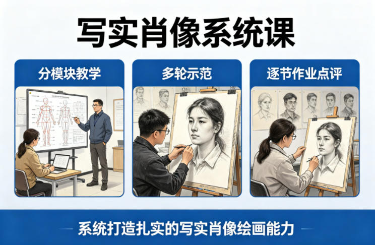 写实肖像系统课，全程分模块教学+多轮示范+逐节作业点评，系统打造扎实的写实肖像绘画能力-项目资源网