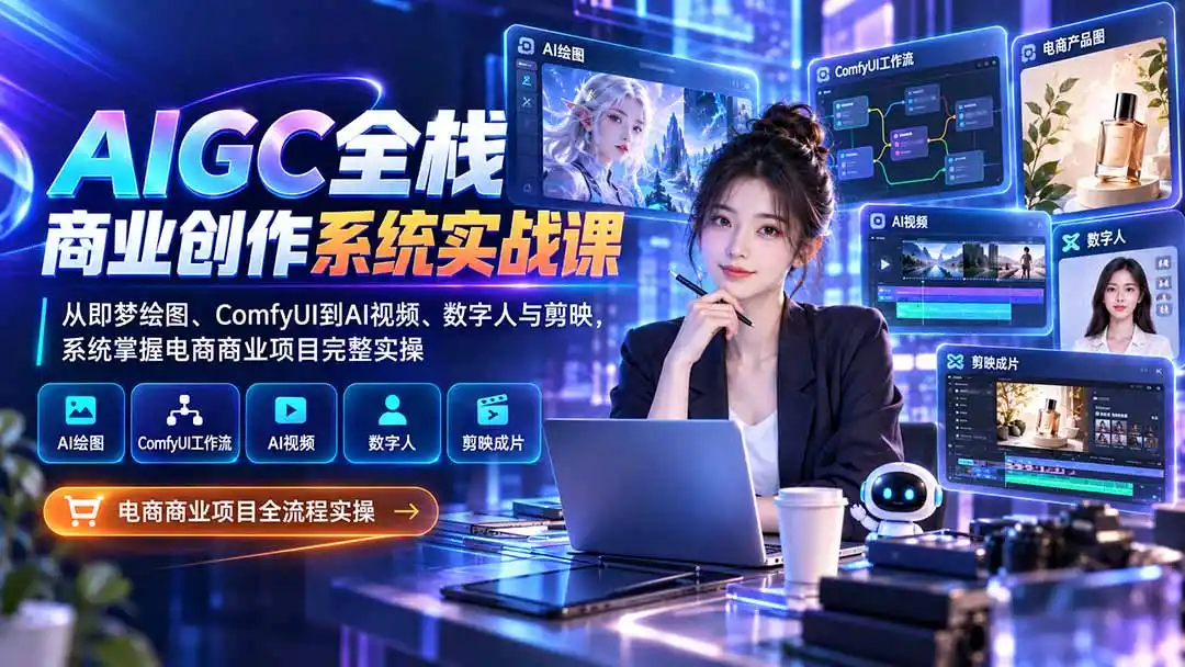 AIGC全栈商业创作系统实战课-无水印：从即梦绘图、ComfyUI到AI视频、数字人与剪映，系统掌握电商商业项目完整实操-项目资源网