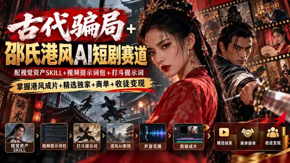 古代骗局+邵氏港风AI短剧赛道:配视觉资产SKILL+视频提示词包+打斗提示词,掌握港风成片+精选独家+商单+收徒变现-项目资源网
