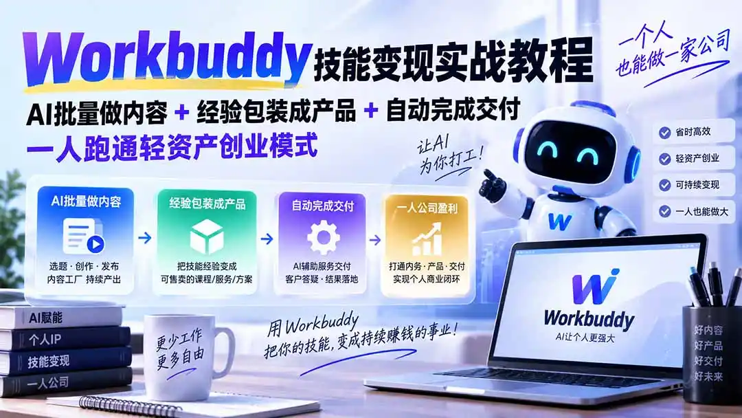 Workbuddy技能变现实战教程：AI批量做内容+经验包装成产品+自动完成交付，一人跑通轻资产创业模式-项目资源网