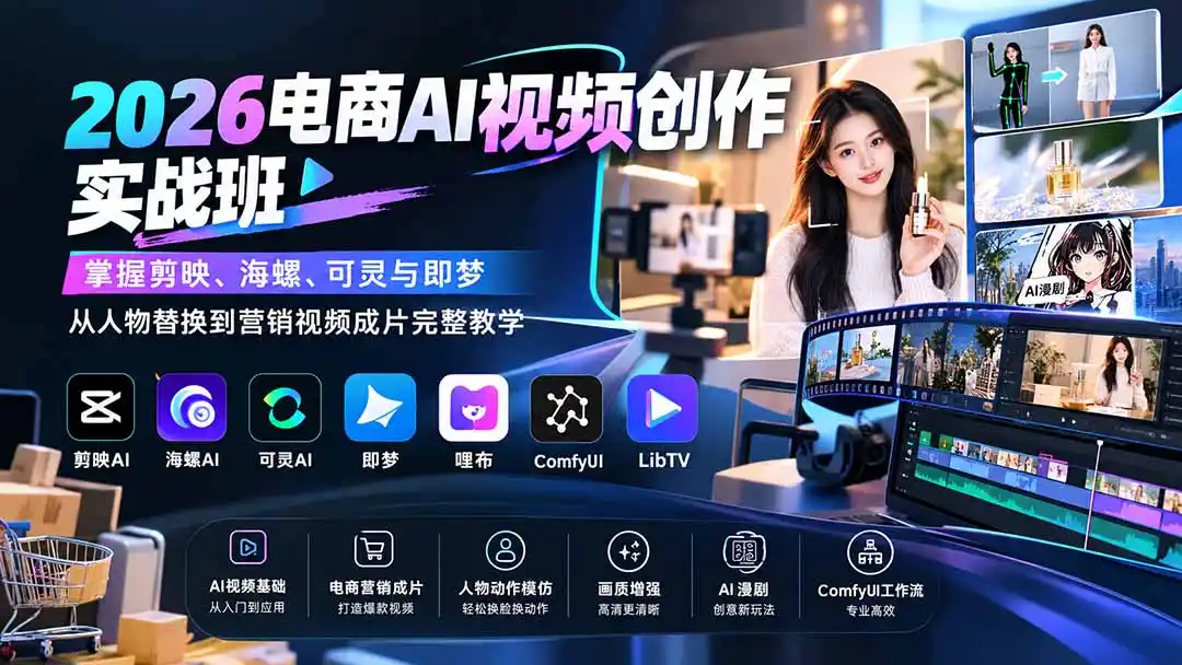 2026电商AI视频创作实战班：掌握剪映、海螺、可灵与即梦，从人物替换到营销视频成片完整教学-项目资源网
