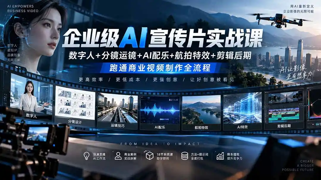 企业级AI宣传片实战课｜数字人+分镜运镜+AI配乐+航拍特效+剪辑后期，跑通商业视频制作全流程-项目资源网