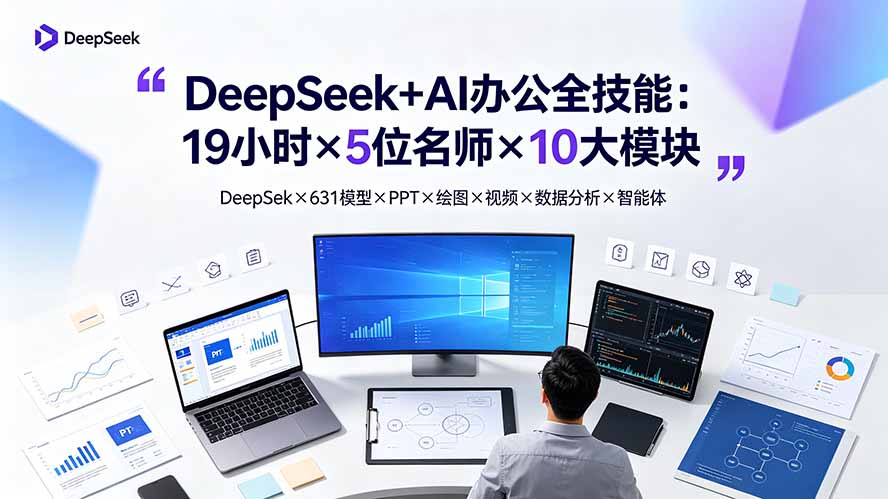 DeepSeek+AI办公全技能：19小时×5位名师×10大模块，DeepSeek×631模型×PPT×绘图×视频×数据分析×智能体-项目资源网