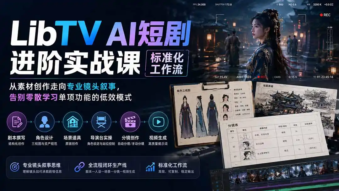 LibTV AI短剧进阶实操课标准化工作流；从素材创作走向专业镜头叙事，告别零散学习单项功能的低效模式-项目资源网