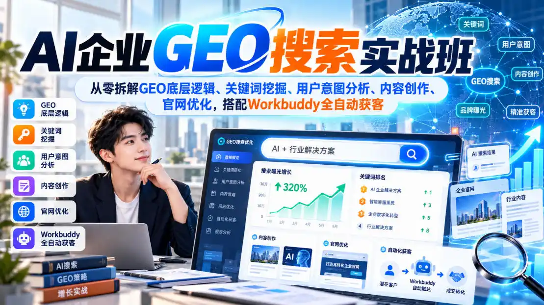 AI企业GEO搜索实战班，从零拆解GEO底层逻辑、关键词挖掘、用户意图分析、内容创作、官网优化，搭配Workbuddy全自动获客-项目资源网
