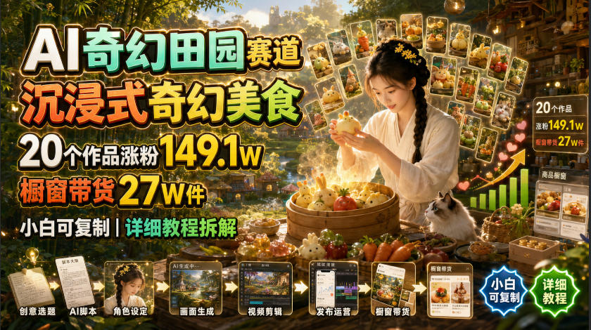 AI奇幻田园赛道,沉浸式奇幻美食,20个作品涨粉149.1W,橱窗带货27W件,小白可复制,详细教程拆解