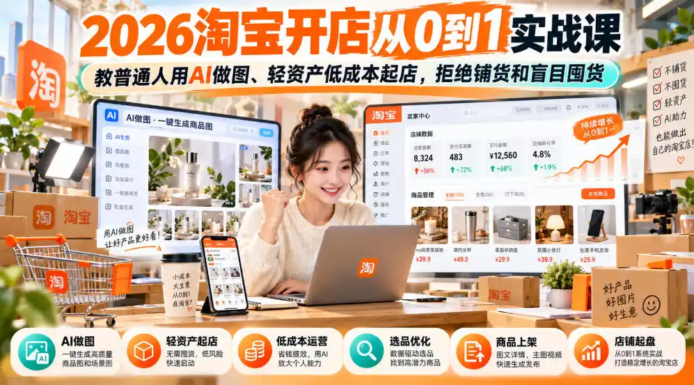 2026淘宝开店从0到1实战课，教普通人用AI做图、轻资产低成本起店，拒绝铺货和盲目囤货-项目资源网