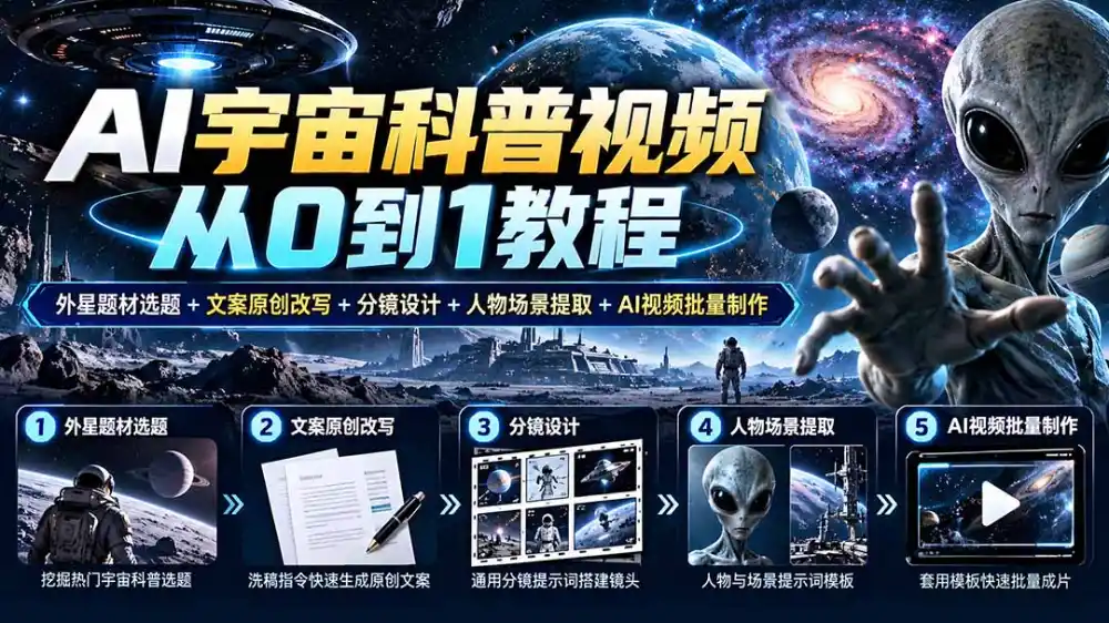 AI宇宙科普视频从0到1教程|外星题材选题+文案原创改写+分镜设计+人物场景提取+AI视频批量制作-项目资源网
