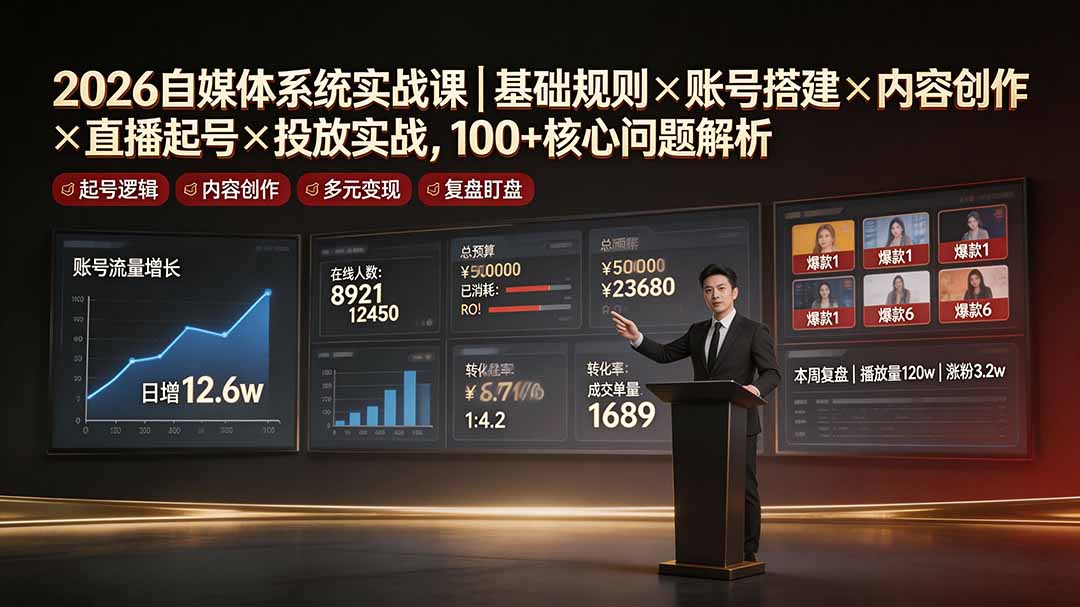 2026自媒体系统实战课｜基础规则×账号搭建×内容创作×直播起号×投放实战，100+核心问题解析-项目资源网