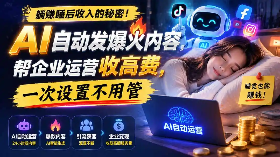躺赚睡后收入的秘密！AI 自动发爆火内容，帮企业运营收高费，一次设置不用管【原创双语字幕】-项目资源网