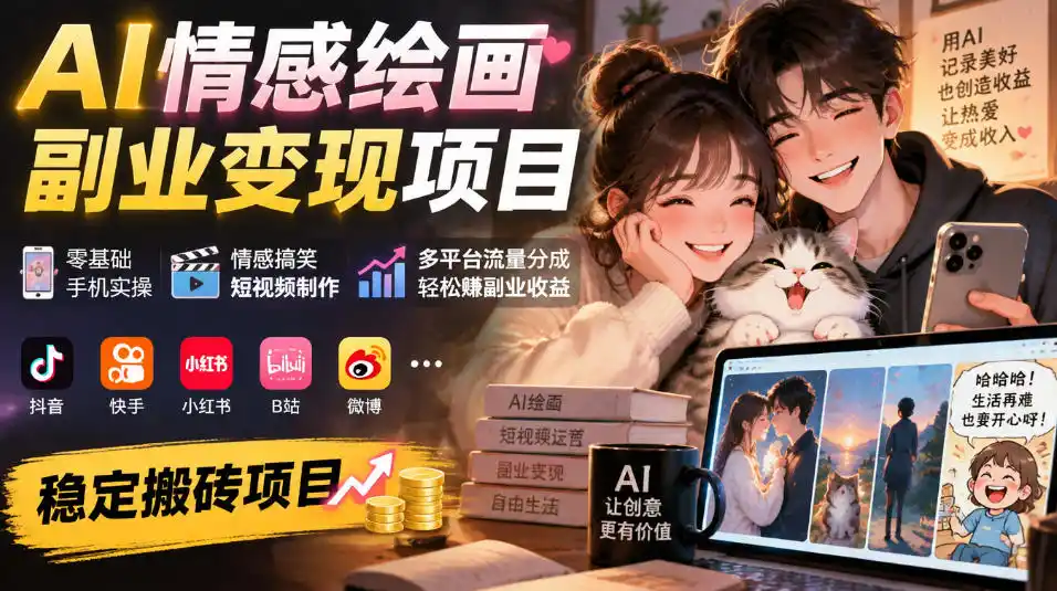 AI情感绘画副业变现项目｜零基础手机实操，情感搞笑短视频制作，多平台流量分成轻松賺副业收益-项目资源网