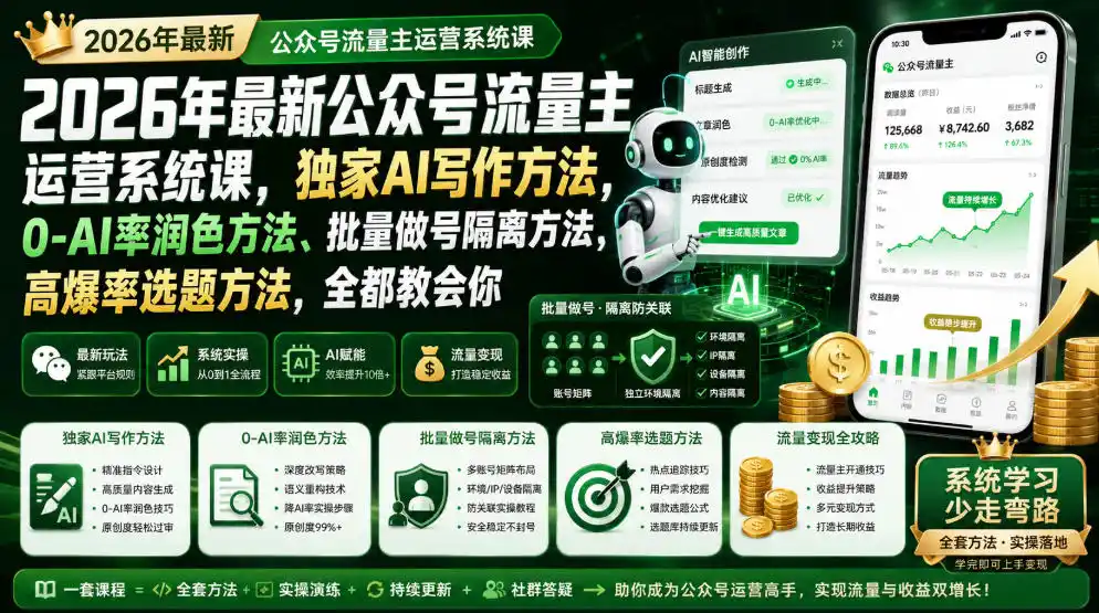 2026年最新公众号流量主运营系统课，独家AI写作方法，0-AI率润色方法、批量做号隔离方法、高爆率选题方法，全都教会你(更新1009)-项目资源网