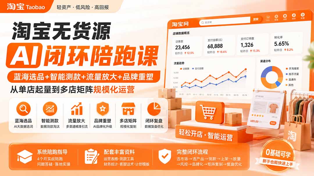 淘宝无货源AI闭环陪跑课:蓝海选品+智能测款+流量放大+品牌重塑,从单店起量到多店矩阵规模化运营-项目资源网