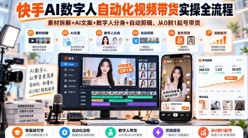 快手AI数字人自动化视频带货实操全流程|素材拆解+AI文案+数字人分身+自动剪辑,从0到1起号带货(更新26年) 快手AI数字人自动化视频带货实操全流程|素材拆解+AI文案+数字人分身+自动剪辑,从0到1起号带货(更新26年)