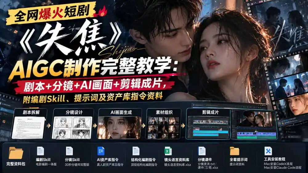 全网爆火短剧《失焦》AIGC制作完整教学:剧本+分镜+AI画面+剪辑成片,附编剧Skill、提示词及资产库指令资料-项目资源网