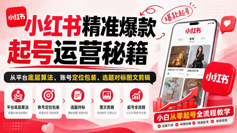 小红书精准爆款起号运营秘籍，从平台底层算法、账号定位包装、选题对标图文剪辑，小白从零起号全流程-项目资源网