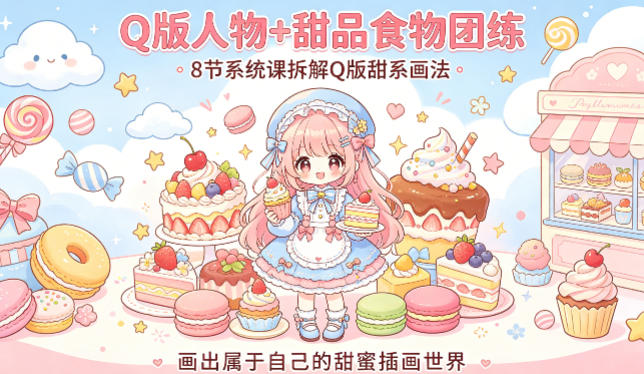 Q版人物+甜品食物团练，8节系统课拆解Q版甜系画法，画出属于自己的甜蜜插画世界-项目资源网