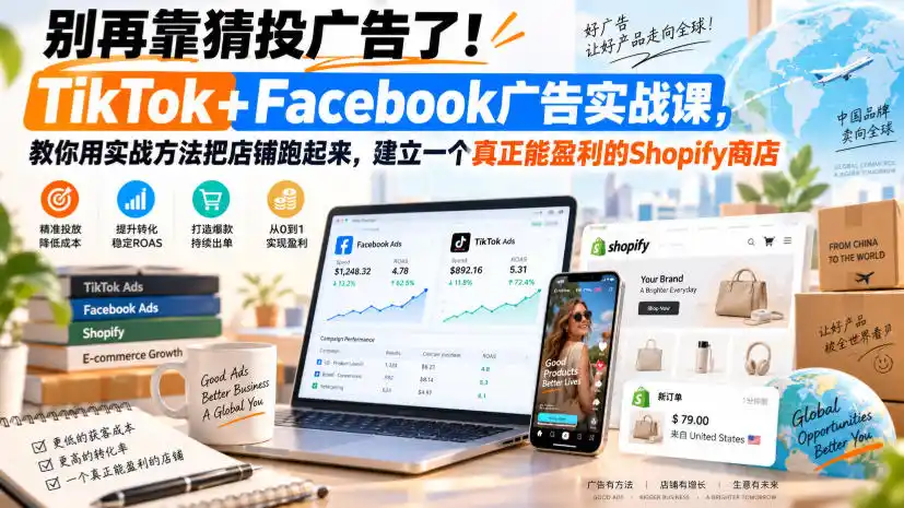 别再靠猜投广告了！TikTok+Facebook广告实战课，教你用实战方法把店铺跑起来，建立一个真正能盈利的Shopify商店【原创双语字幕】-项目资源网