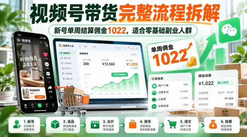 视频号带货完整流程拆解,新号单周结算佣金1022,适合零基础副业人群 视频号带货完整流程拆解,新号单周结算佣金1022,适合零基础副业人群