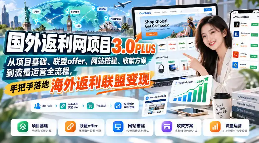 国外返利网项目3.0PLUS，从项目基础、联盟offer、网站搭建、收款方案到流量运营全流程，手把手落地海外返利联盟变现-项目资源网