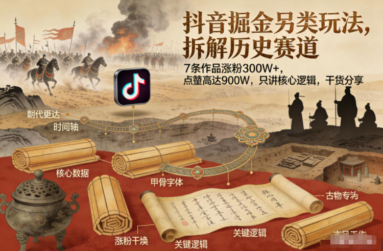 抖音掘金另类玩法，拆解历史赛道，7条作品涨粉300W+，点赞量高达900W，只讲核心逻辑，干货分享-项目资源网