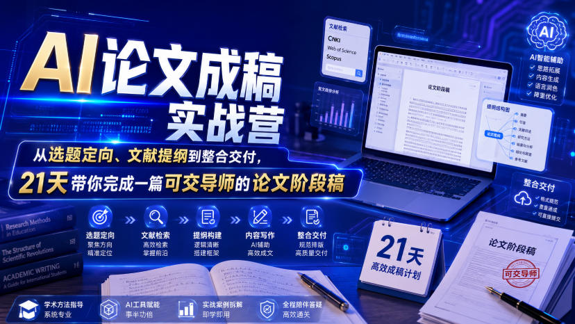 AI论文成稿实战营，从选题定向、文献提纲到整合交付，21天带你完成一篇可交导师的论文阶段稿-项目资源网