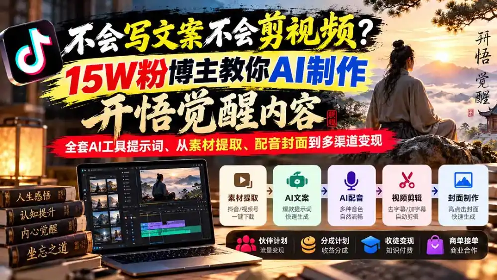 不会写文案不会剪视频？15W粉博主教你AI制作开悟觉醒内容，全套AI工具提示词、从素材提取、配音封面到多渠道变现-项目资源网