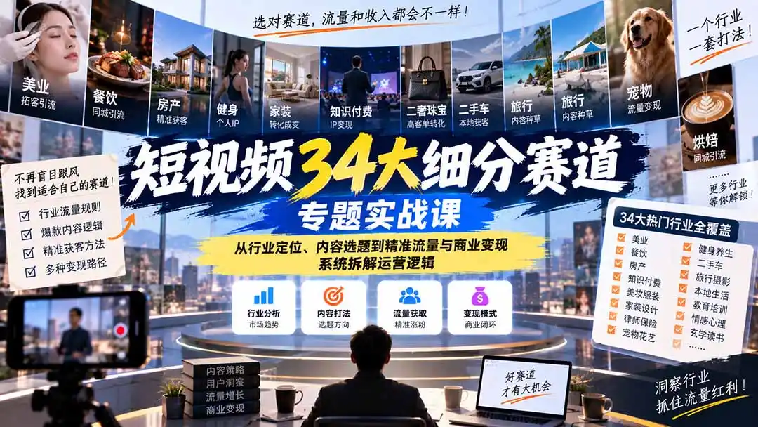 短视频34大细分赛道专题实战课：从行业定位、内容选题到精准流量与商业变现，系统拆解运营逻辑-项目资源网