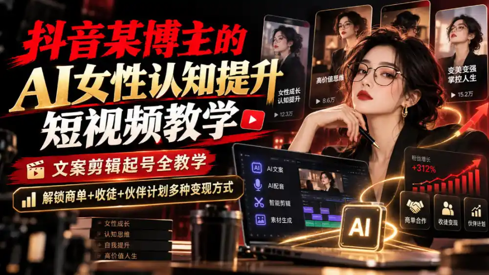 抖音某博主的Ai女性认知提升短视频教学,文案剪辑起号全教学,解锁商单+收徒+伙伴计划多种变现方式-项目资源网