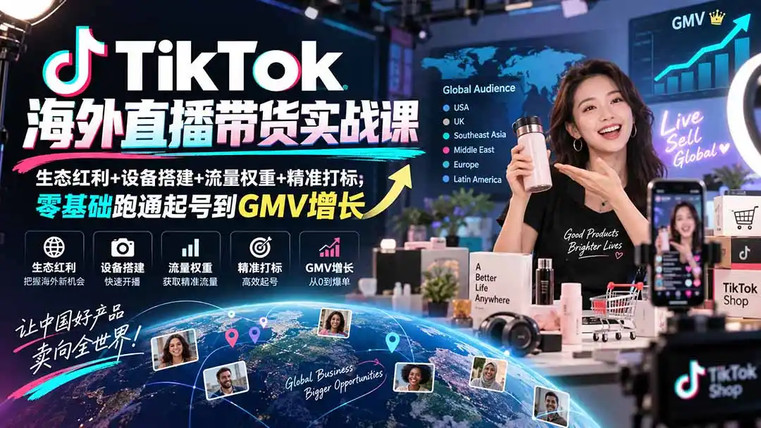 TikTok海外直播带货实战课｜生态红利+设备搭建+流量权重+精准打标，零基础跑通起号到GMV增长-项目资源网