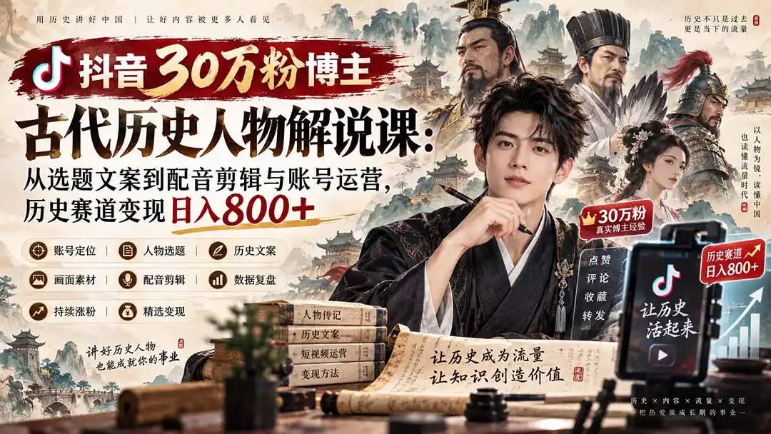 抖音30万粉博主古代历史人物解说课：从选题文案到配音剪辑与账号运营，历史赛道变现日入800+-项目资源网