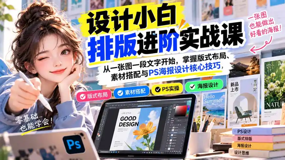 设计小白排版进阶实战课：从一张图一段文字开始，掌握版式布局、素材搭配与PS海报设计核心技巧-项目资源网