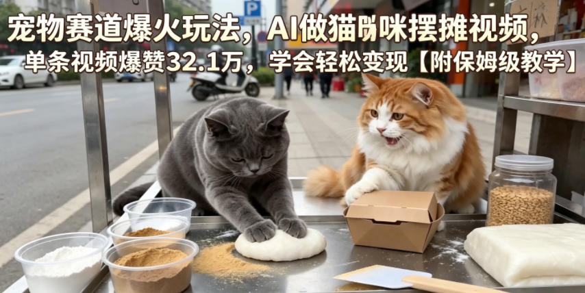 宠物赛道爆火玩法，AI做猫咪摆摊视频，单条视频爆赞32.1万，学会轻松变现【附保姆级教学】-项目资源网
