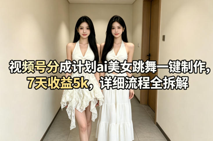 视频号分成计划ai美女跳舞一键制作，7天收益5k，详细流程全拆解-项目资源网