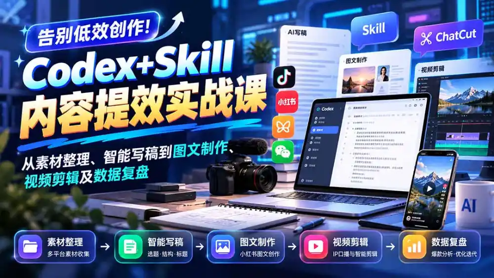 【无水印】告别低效创作!Codex+Skill内容提效实战课:从素材整理、智能写稿到图文制作、视频剪辑及数据复盘-项目资源网
