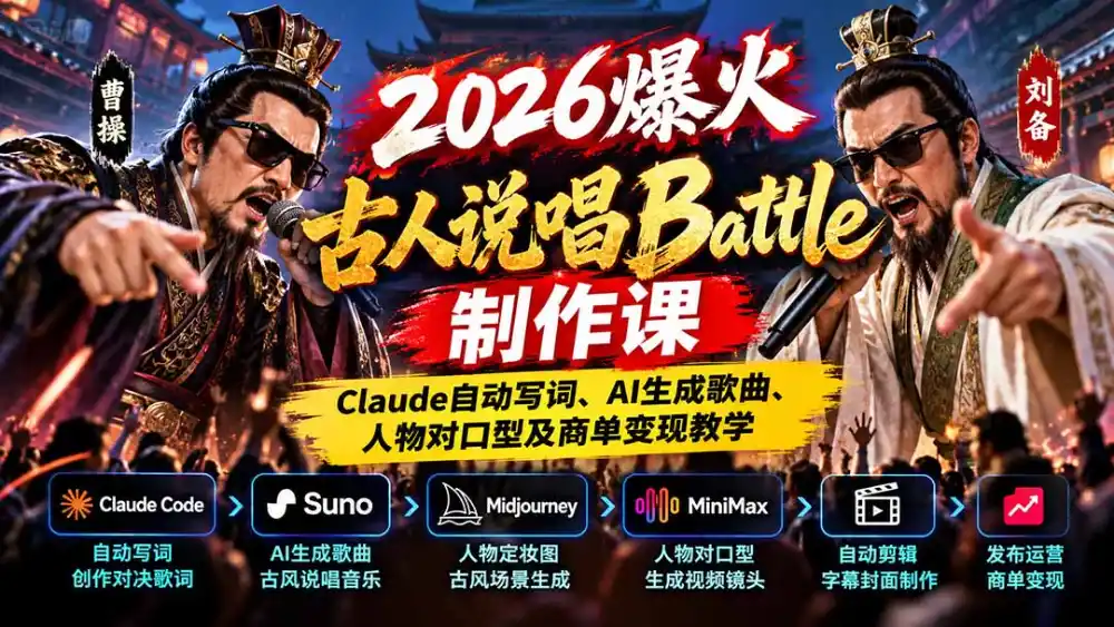 2026爆火古人说唱Battle制作课：Claude自动写词、AI生成歌曲、人物对口型及商单变现教学-项目资源网