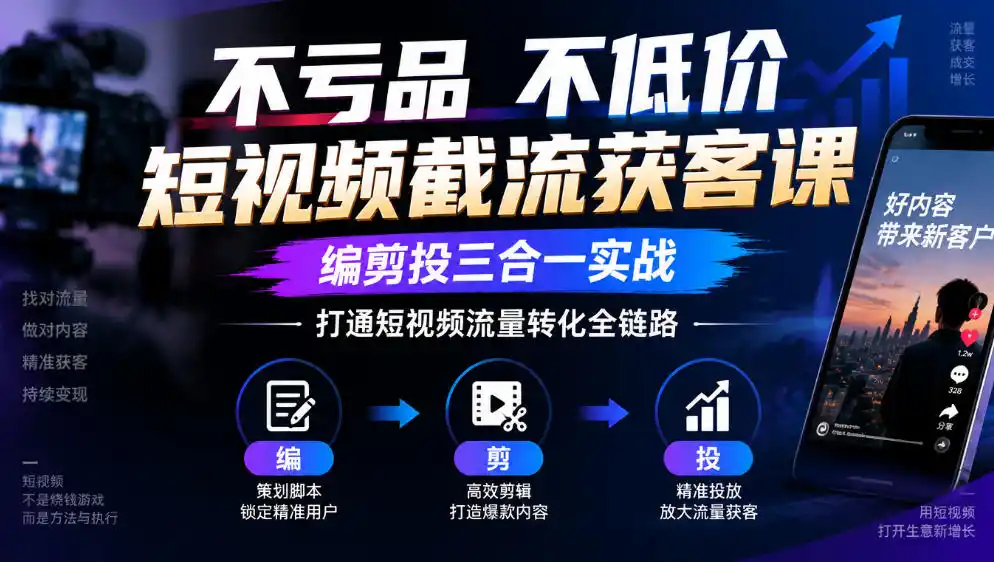 不亏品不低价短视频截流获客课,编剪投三合一实战,打通短视频流量转化全链路 不亏品不低价短视频截流获客课,编剪投三合一实战,打通短视频流量转化全链路