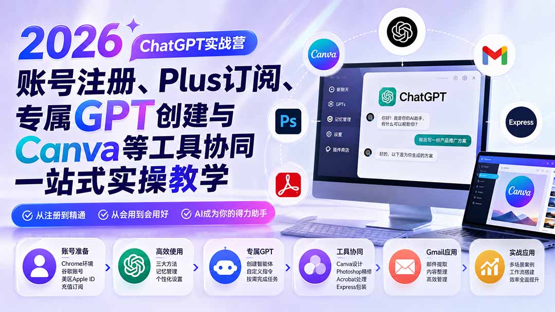 2026 ChatGPT实战营；账号注册、Plus订阅、专属GPT创建与Canva等工具协同一站式实操教学-项目资源网