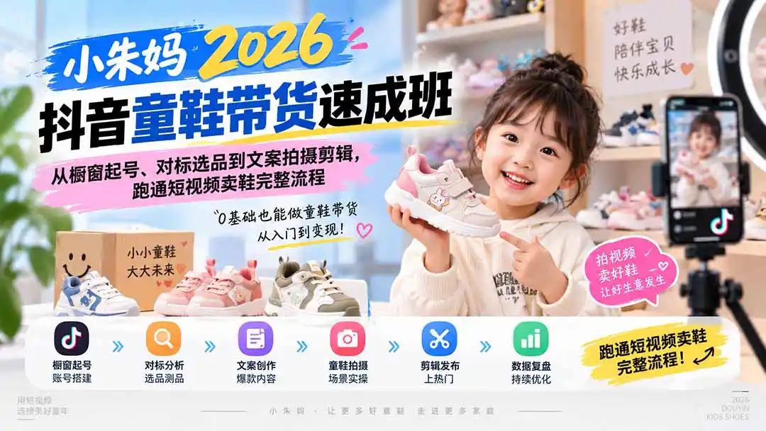 小朱妈2026抖音童鞋带货速成班：从橱窗起号、对标选品到文案拍摄剪辑，跑通短视频卖鞋完整流程-项目资源网